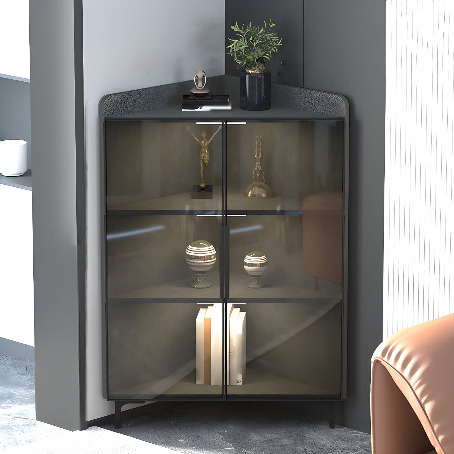 Scandinavian Corner Accent Cabinet with Glass Doors and Black Metal Base - Small Size thumbnail 9