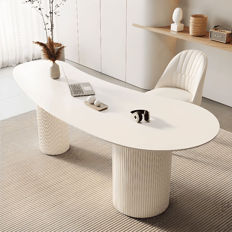 Fixed Free Form Dining Table Set with Double Pedestal, a Chalk Slate Tabletop and Upholstered Chairs in an Art Deco Style thumbnail 5