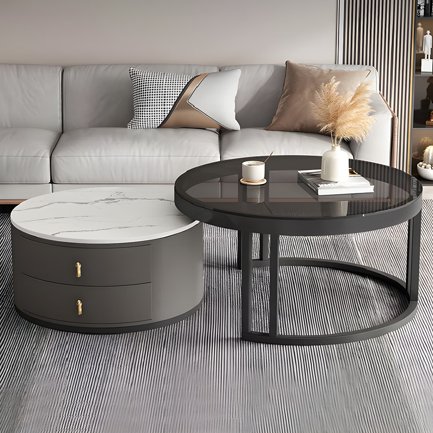 Round Nesting Coffee Table Set Frame Modern Storage Coffee Table thumbnail 14