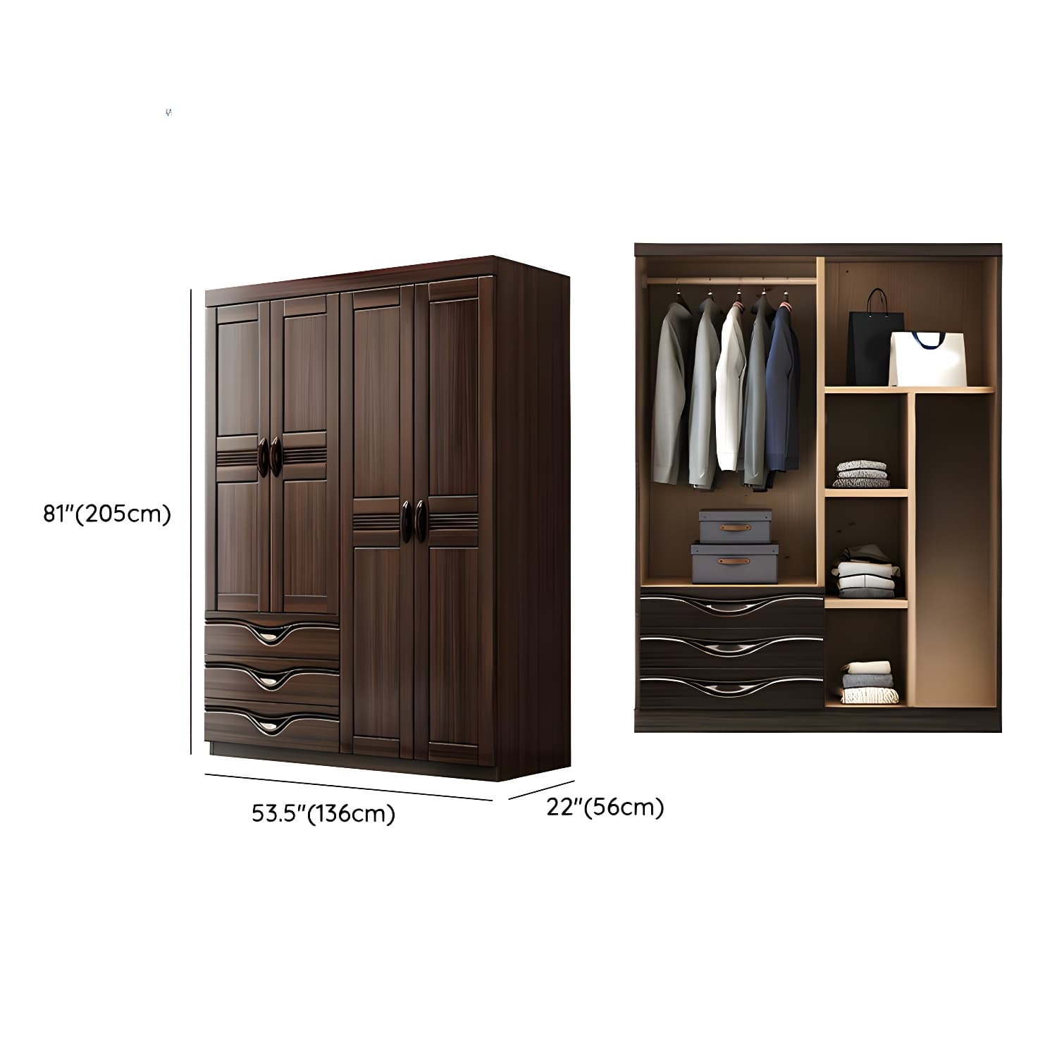 Traditional Black-brown Storage Wood Wardrobe with Clothing Rod and Shelves thumbnail 10