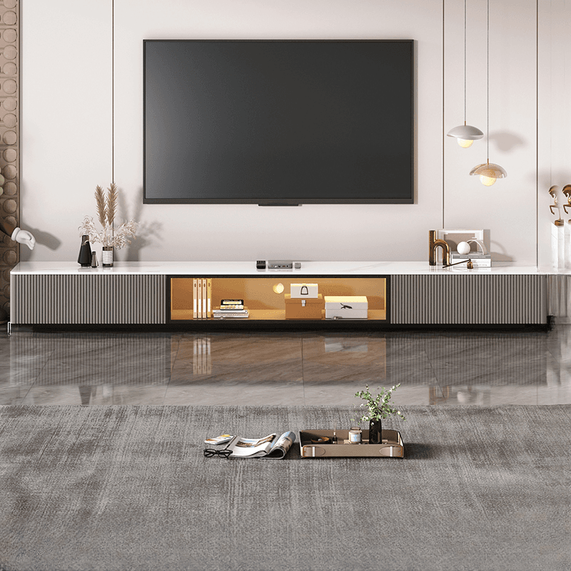Art Deco Sintered Stone Rectangular TV Stand with 2 Drawers, Hutch, Cable Management, and Light thumbnail 2