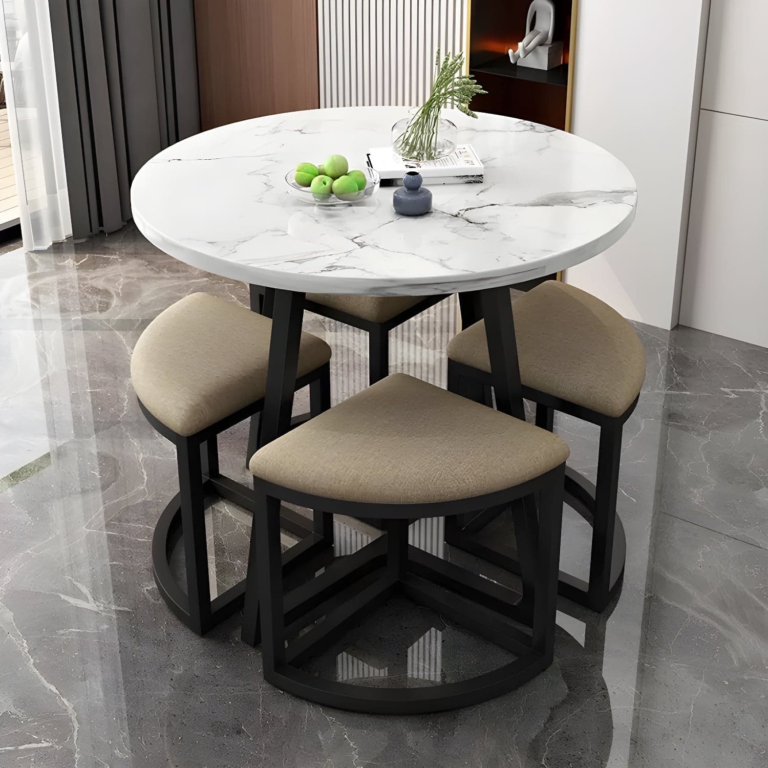 Round White Wood Tone Modern Dining Set with Metal Pedestal Base - Seats 4 thumbnail 5