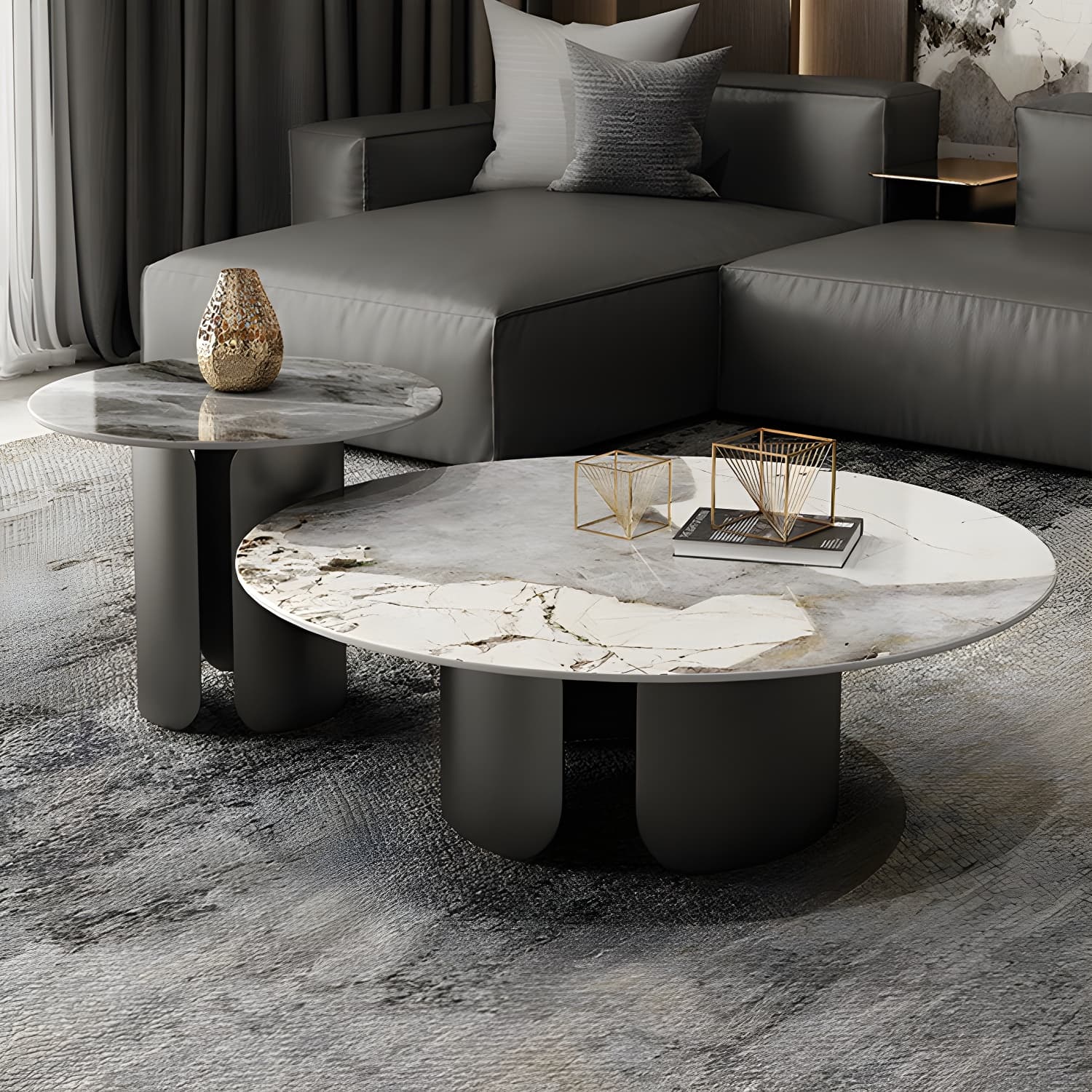 Chic Modern Round Beige Stone Top Coffee Table with Industrial Iron Base thumbnail 6