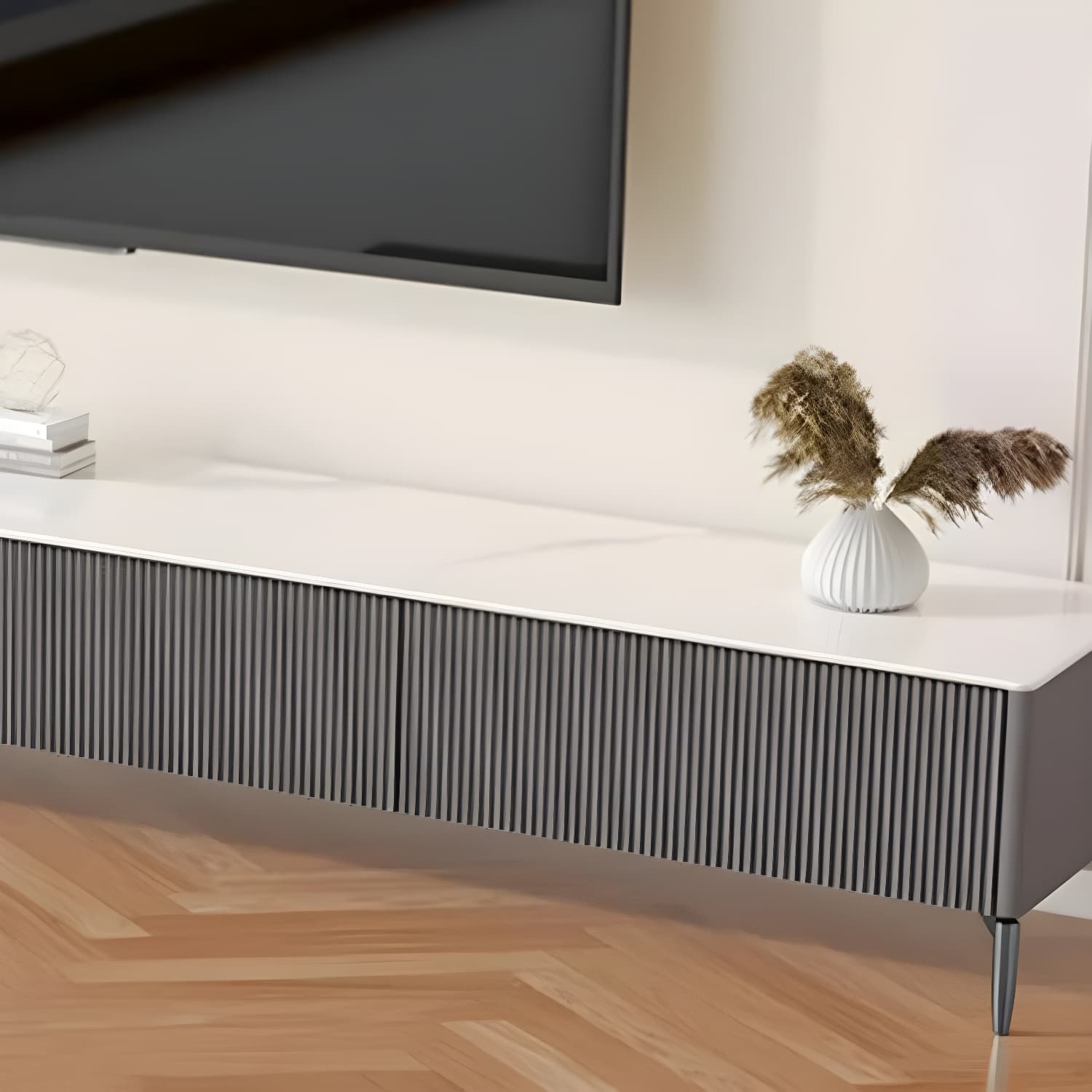 Modern Stone TV Stand with Drawers and Soft Close Glides featuring Cable Management thumbnail 8