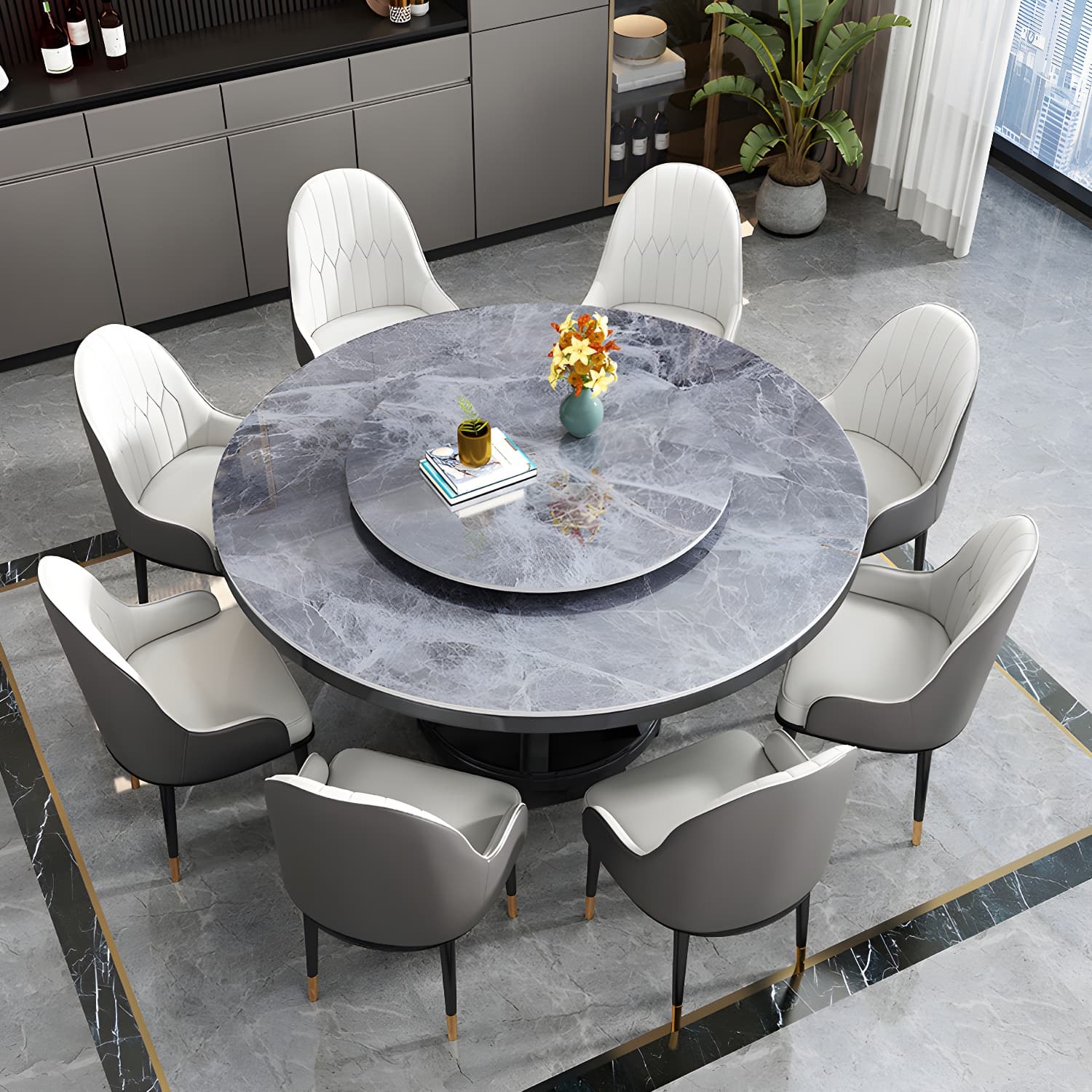 Round Stone Turntable Table Minimalist Furniture with Pedestal Base thumbnail 4