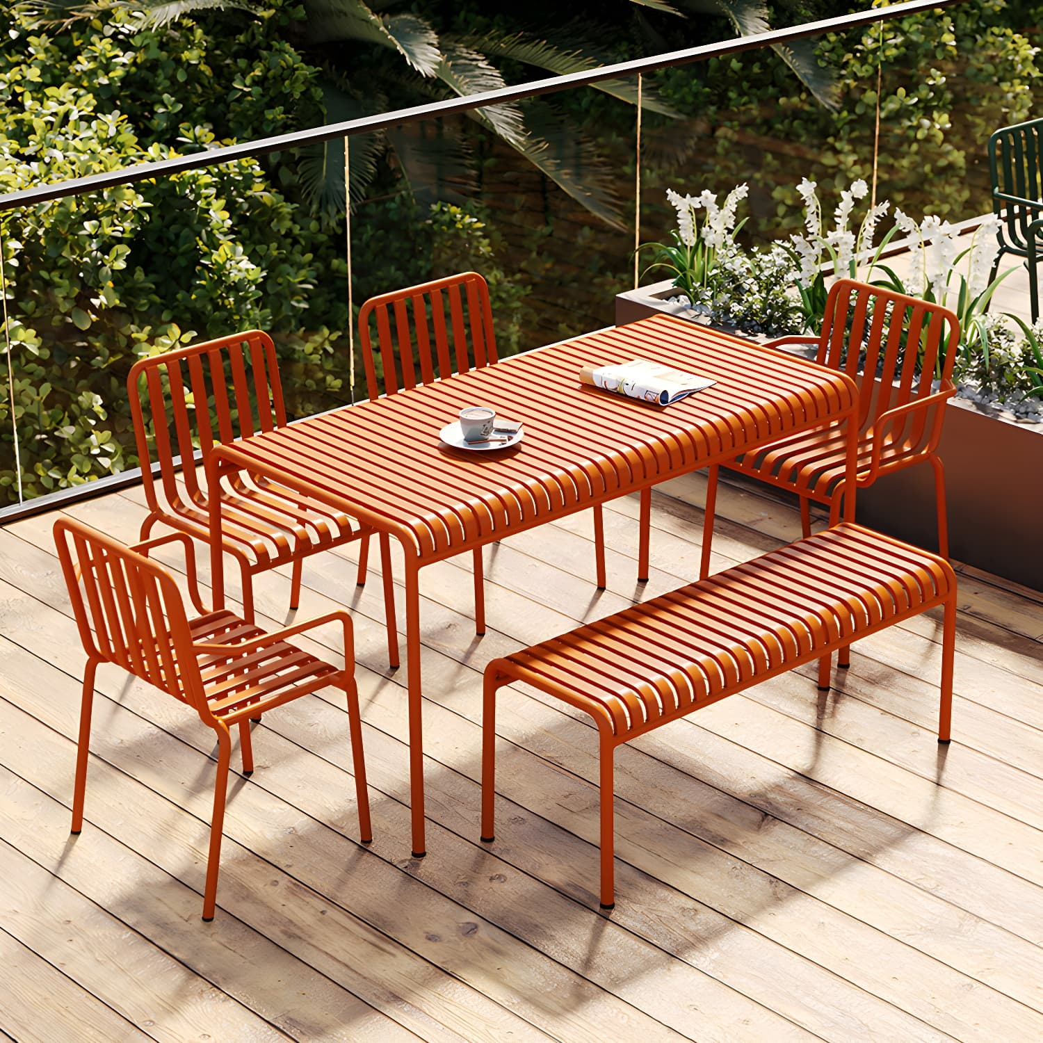 Contemporary Metal Patio Dining Side Chair Slat Back Side Chair thumbnail 9