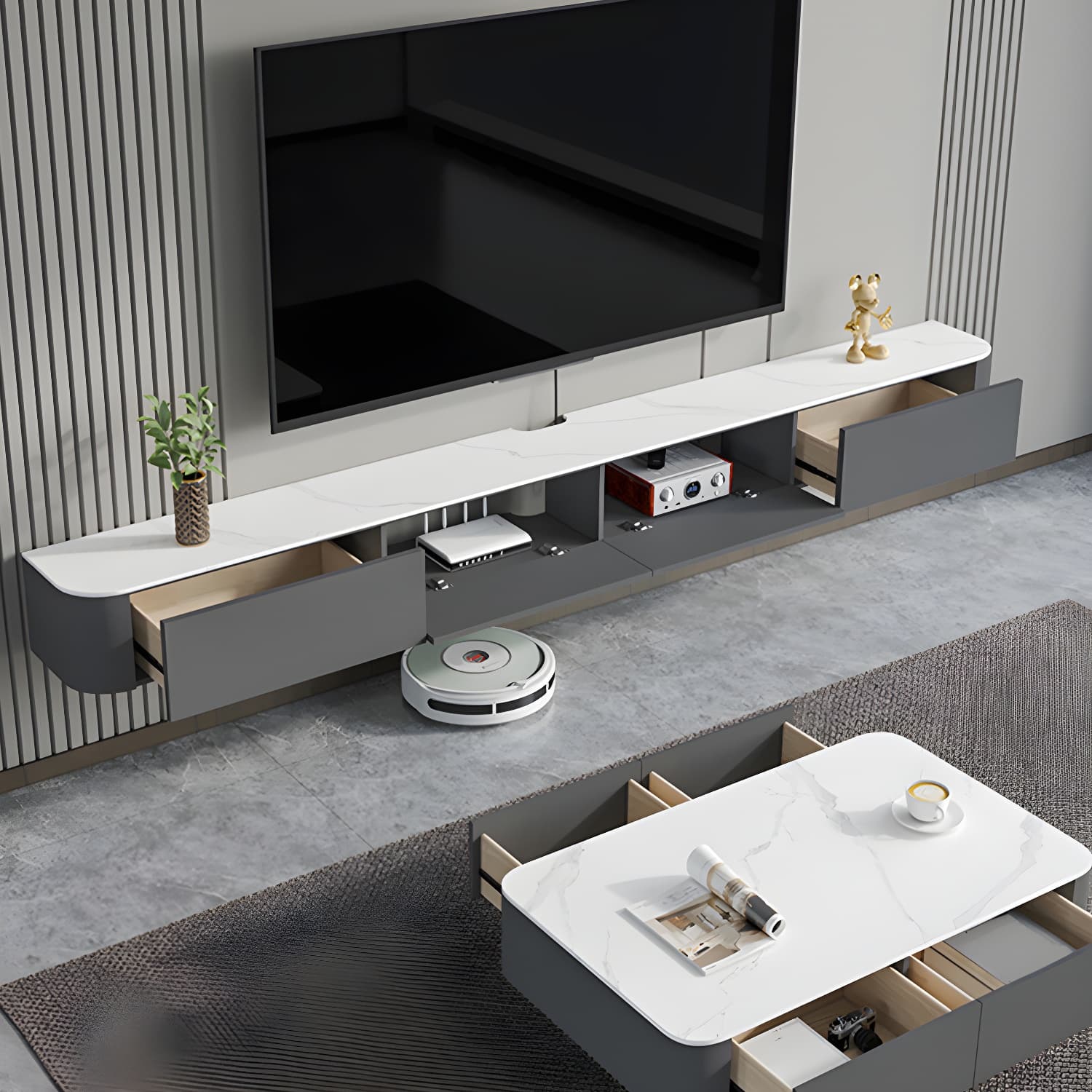 Contemporary Wall-mounted TV Media Stand Wood Frame Slate Top with Storage thumbnail 4