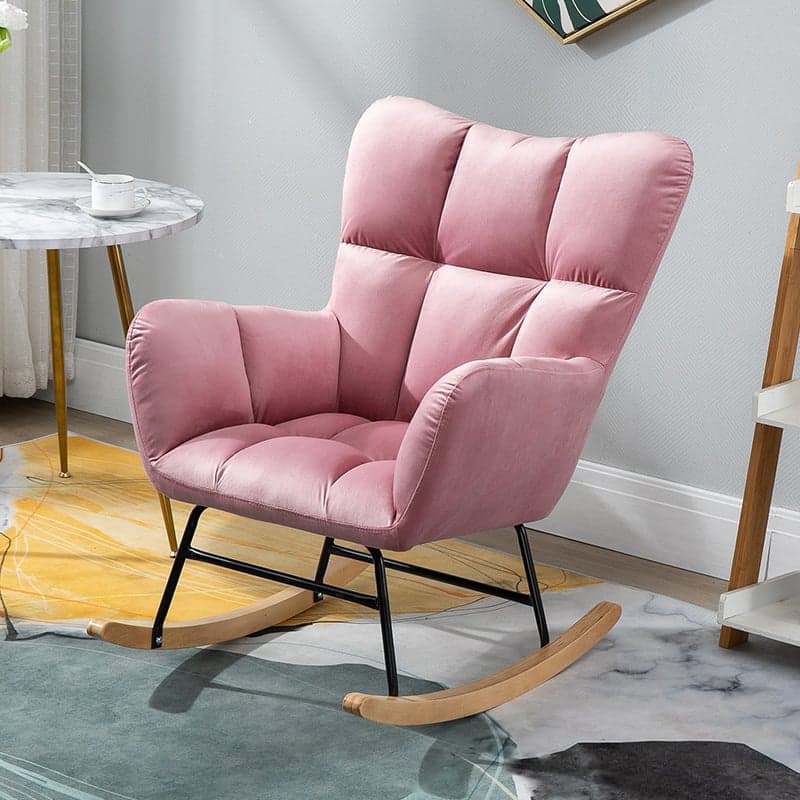 Cotton Cushioned Seat & Back Stationary Rocking Reading Chair with Flared Arm, Footstool, Wing Back & Light Wood Legs thumbnail 11