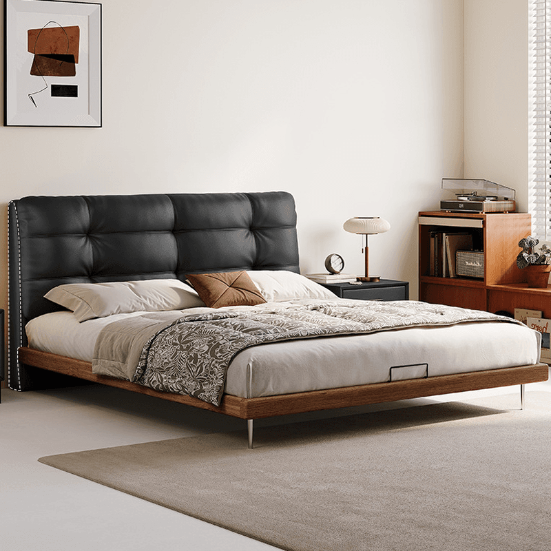 Solid Color Platform Bed with Natural Wood Frame and Button-tufted Design for Living Room thumbnail 3