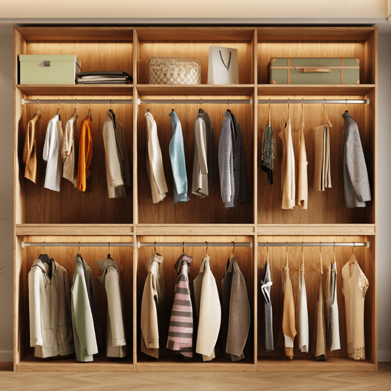 Wood Grain Minimalist Laminate Independent Wardrobe Closet with Soft Close Door, Interior Shelves, and Clothing Rod thumbnail 3