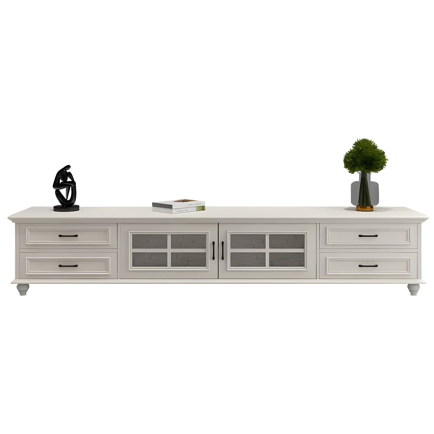 Modern Wood TV Stand with Drawers, Shelves, and Legs - Low Height - Cable Management thumbnail 7