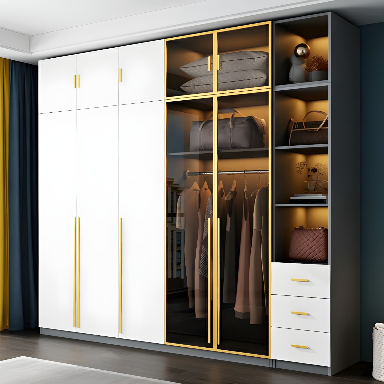 Contemporary Color Block Glass Doors Combination Armoire with Shelves Storage thumbnail 3