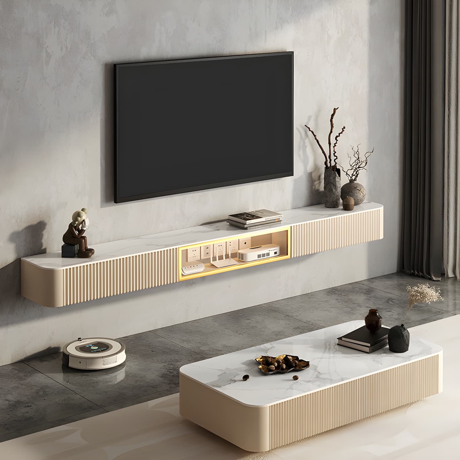 Contemporary TV Media Stand with Drawers Floating TV Stand Console thumbnail 14