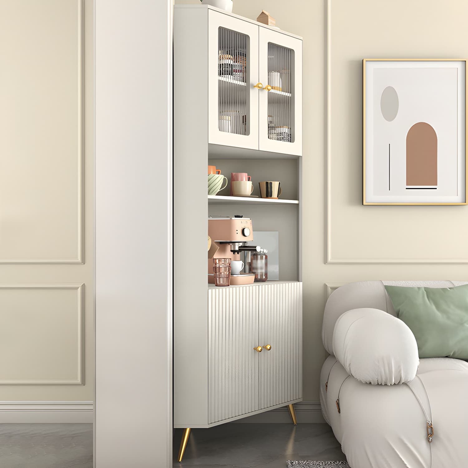 Modern Corner Accent Cabinet with White Wood Countertop, Glass Doors, and Gold Metal Base thumbnail 4