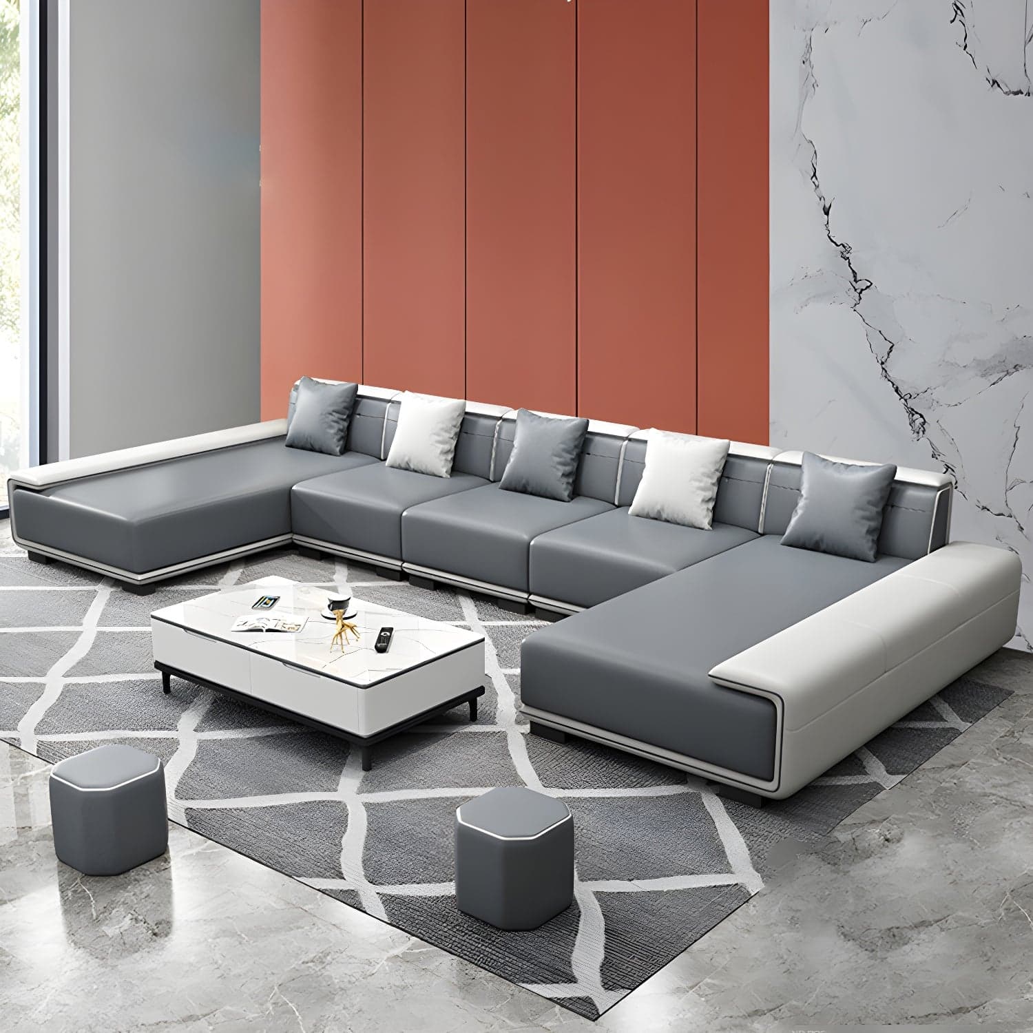 Faux Leather Sofa & Chaise with Pillows Modern U Sofa in Gray - 29.53" H thumbnail 11