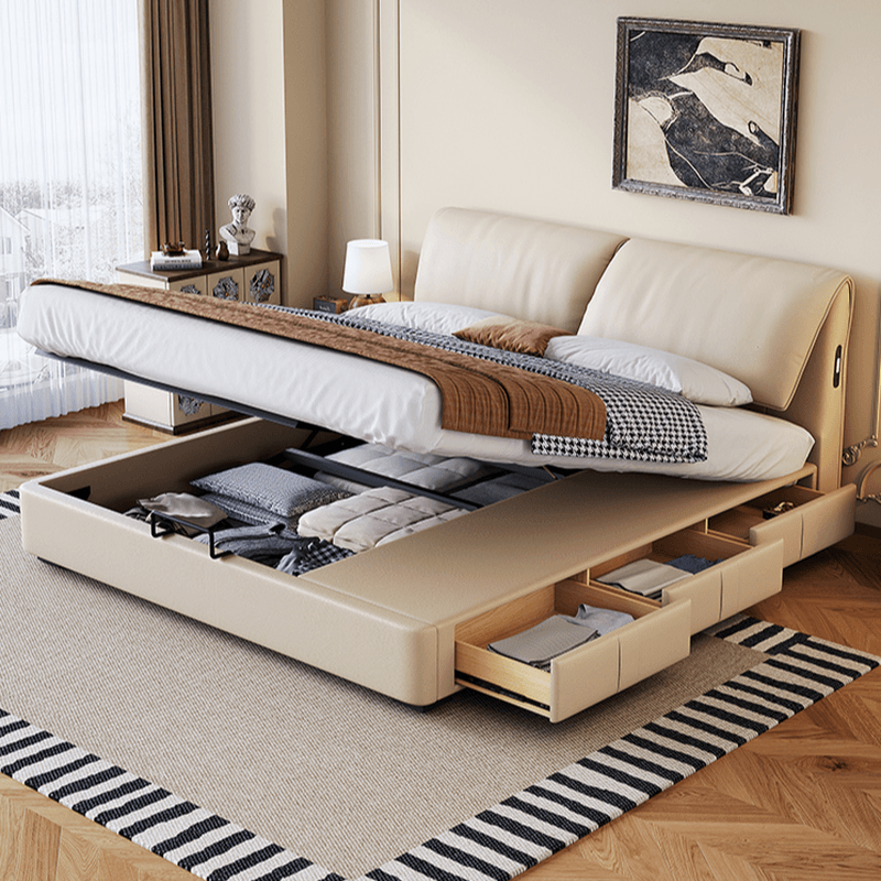 Beige Solid Color Storage Bed with 3 Storage Boxes, Sponge Upholstery, and Illumination Light thumbnail 3