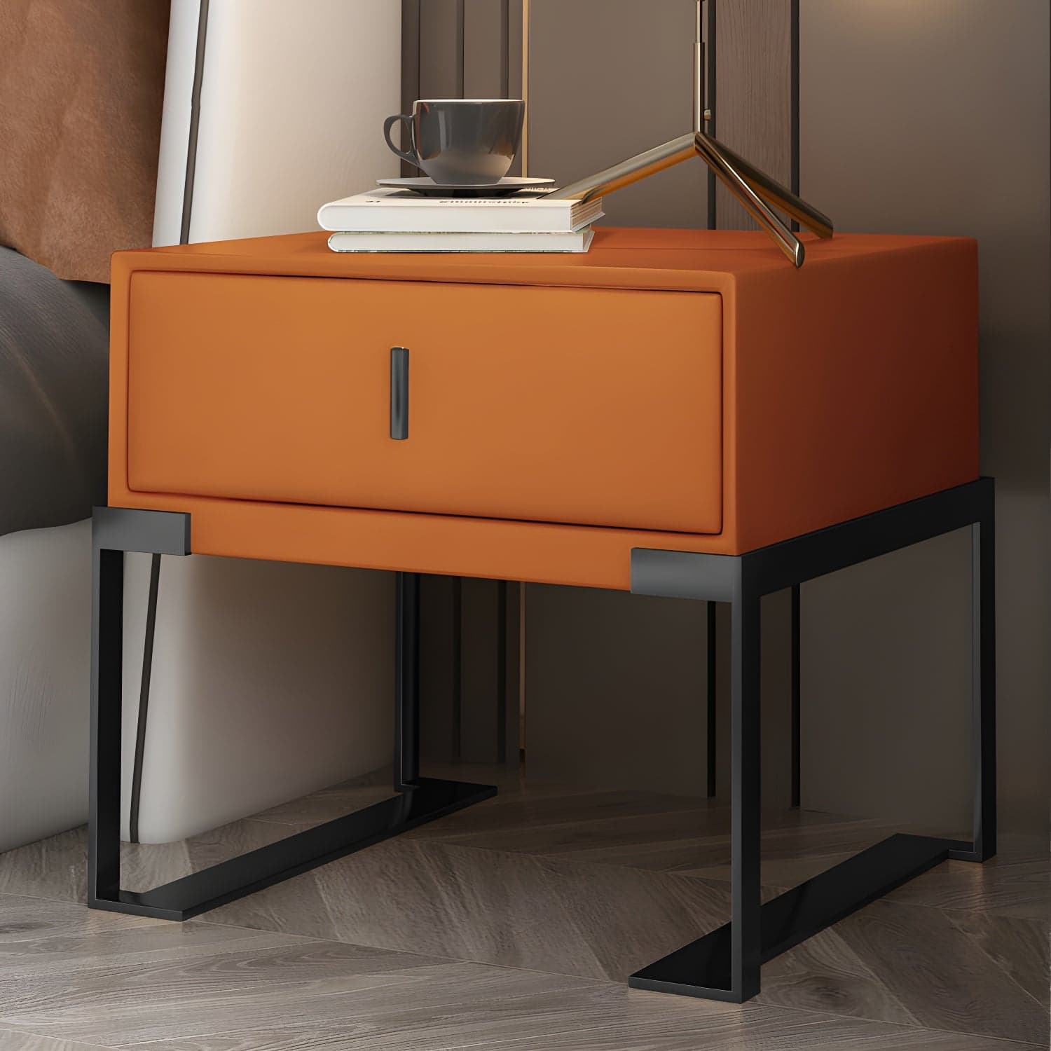 Faux Leather Nightstand 1-Drawer 21 Inch Tall Modern Legs Included Night Table thumbnail 16