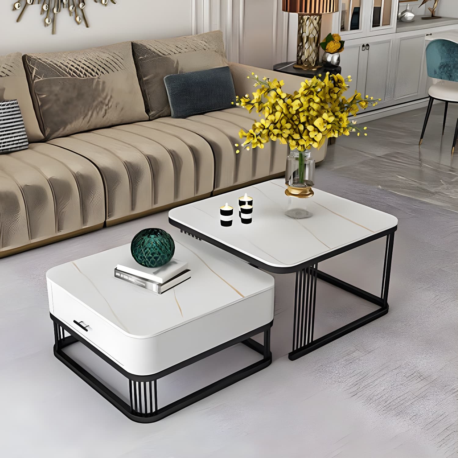 Square Slate Top Coffee Table with Drawers Frame Base 2 Nestling Cocktail Table thumbnail 5