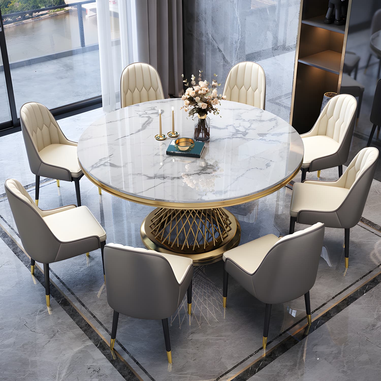 Glam Round Marble Dining Set with Gold Metal Pedestal Base - Fixed Table in White thumbnail 1