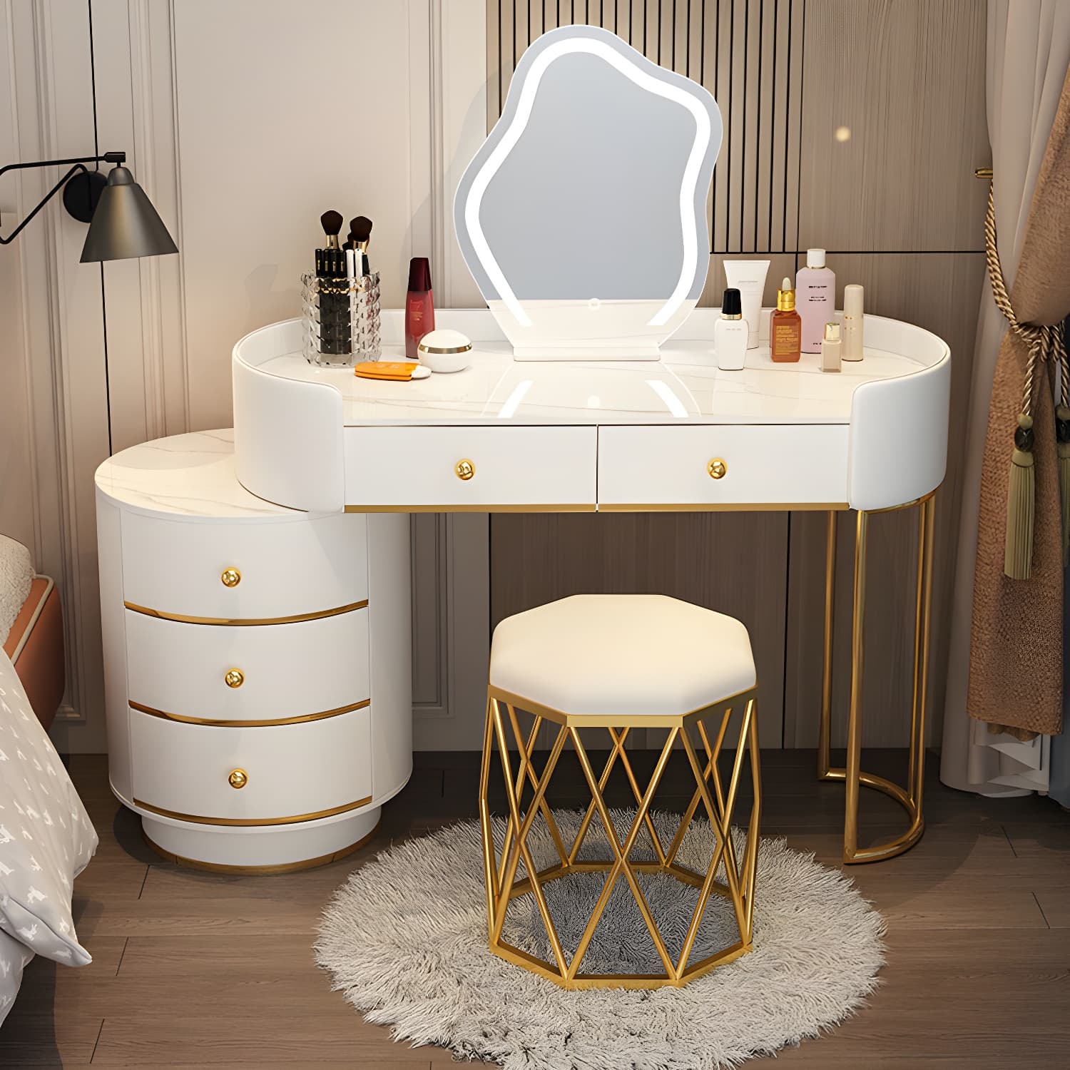 Lighted Mirror Makeup Counter Bedroom Makeup Vanity Desk Table with Drawer thumbnail 8