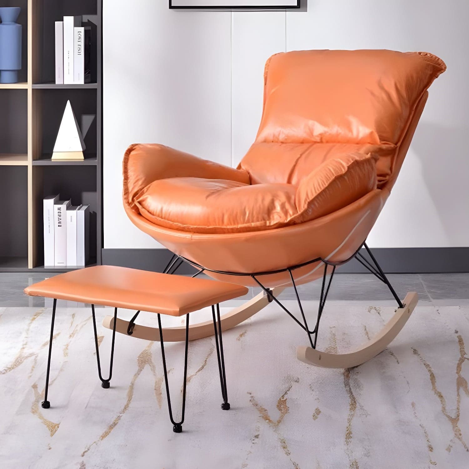 Modern Upholstered Rocking Chair with Ottoman Set - Natural Wood Legs thumbnail 7