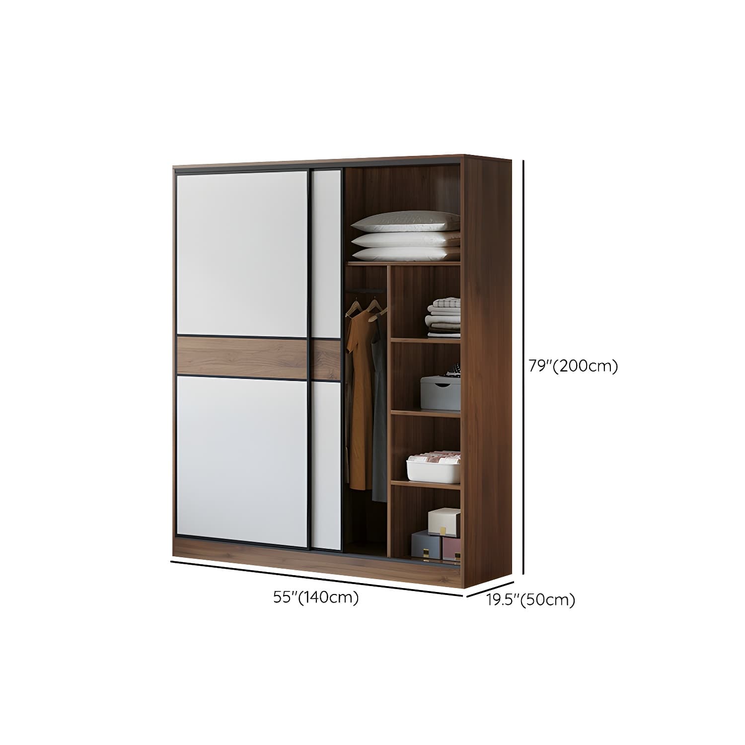 Modern Brown Wood Wardrobe Armoire with Sliding Doors, Shelves, and Clothing Rod thumbnail 13