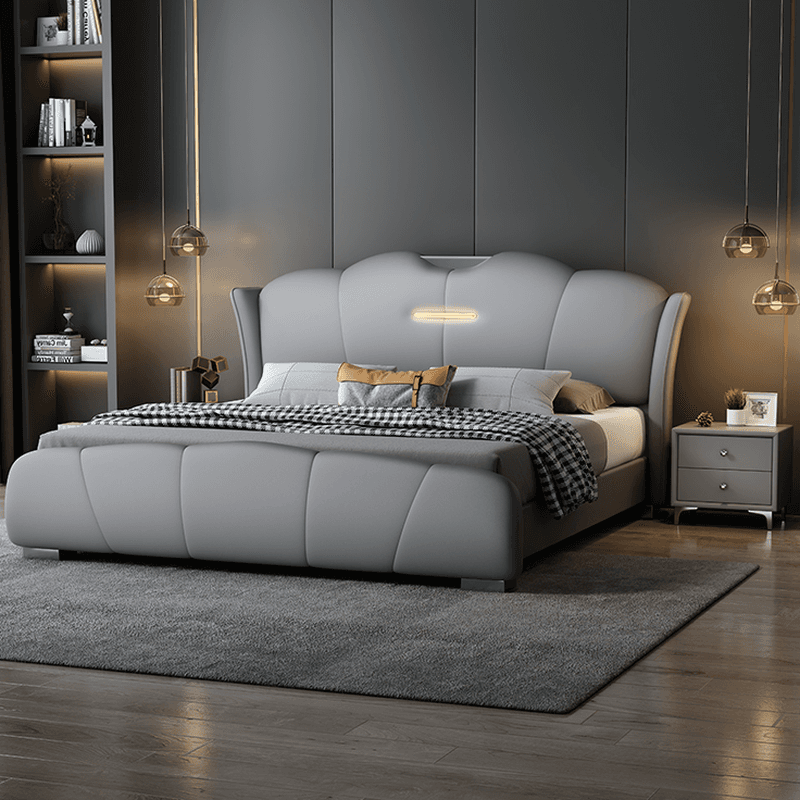 Light Gray Storage Included/Panel Bed with 3 Storage Boxes, Natural Wood Frame, Sponge Upholstery, and Lighted Headboard thumbnail 1