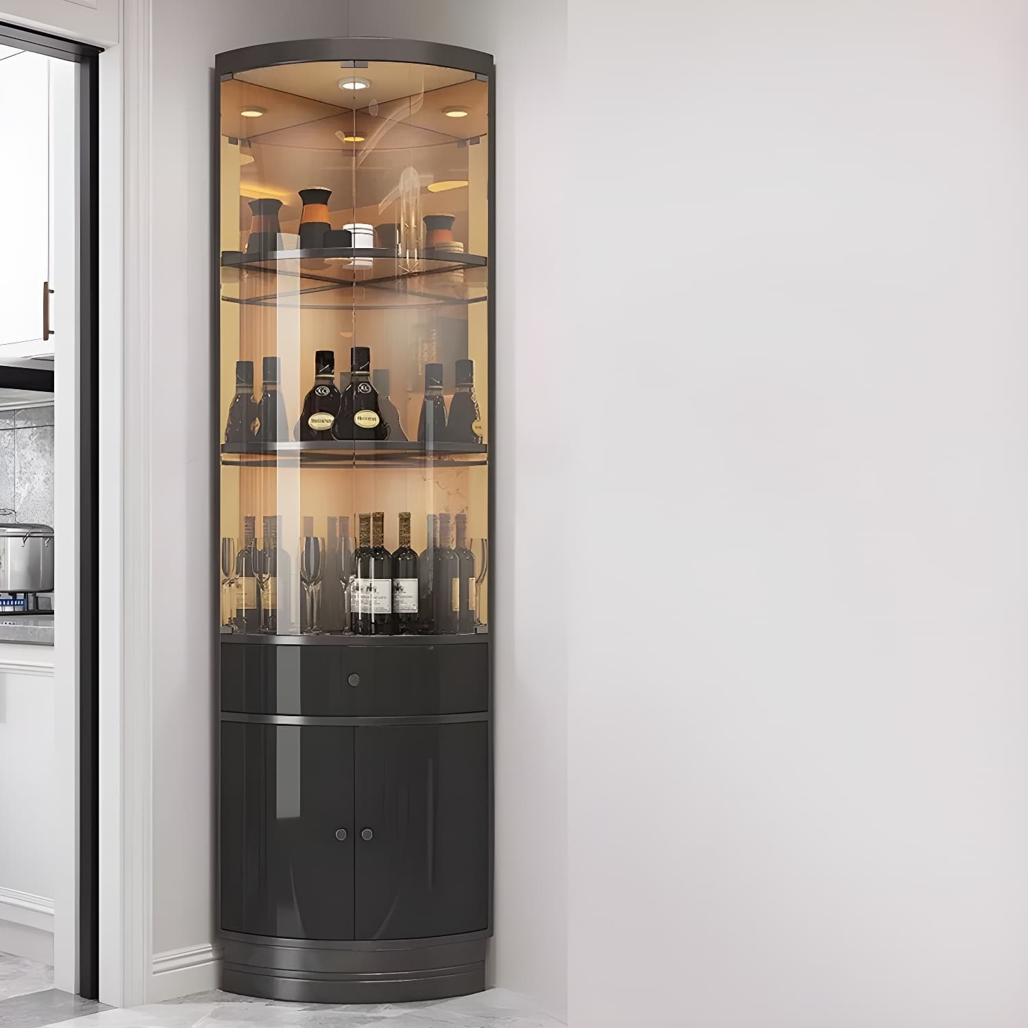Corner Modern Accent Cabinet with Wood Counter Top, Glass Doors, and Metal Base thumbnail 14