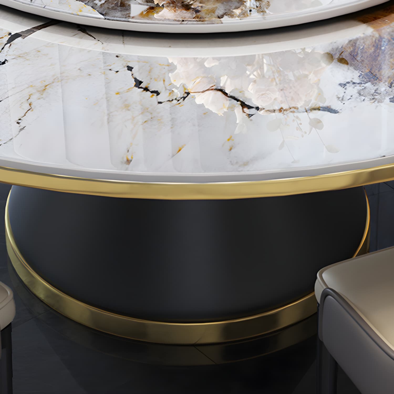 Glam Round Stone Dining Set in White - Fixed Table with Black Metal Pedestal Base thumbnail 10