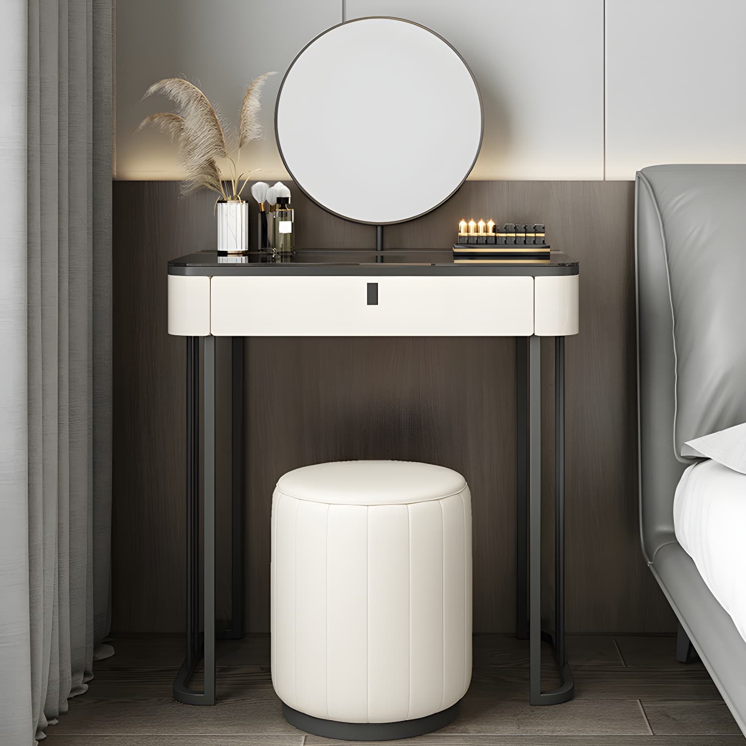 Modern Minimalist White Vanity Table Set 29.53" H Glass Top Vanity Table with Storage thumbnail 2
