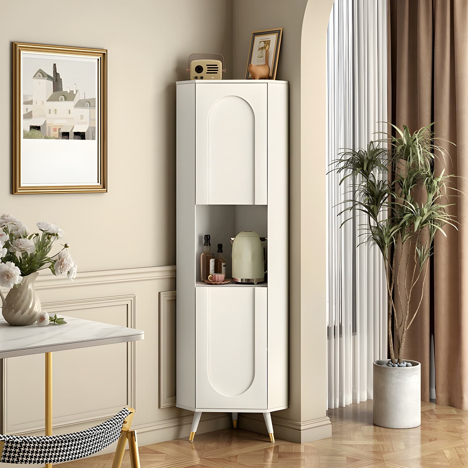 Modern White Corner Accent Cabinet with Stone Counter Top, 2 Cabinets, and 6 Shelves thumbnail 9