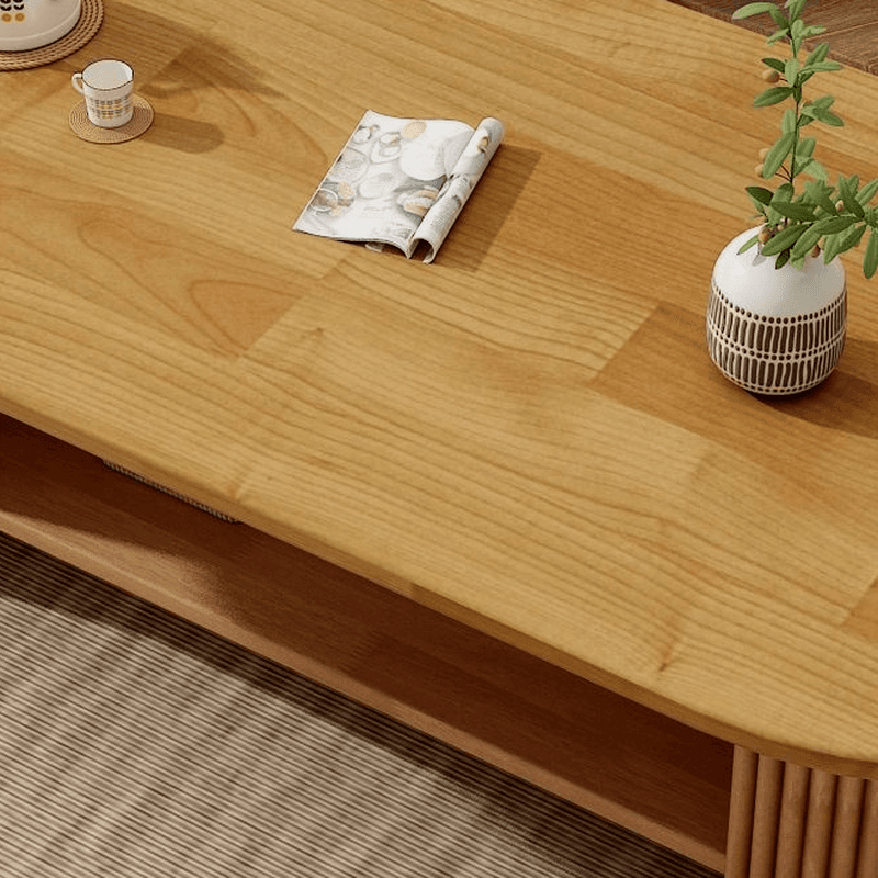 Oval Natural Wood Coffee Table with Twin Support Base, Repository, and 1 Shelf thumbnail 10