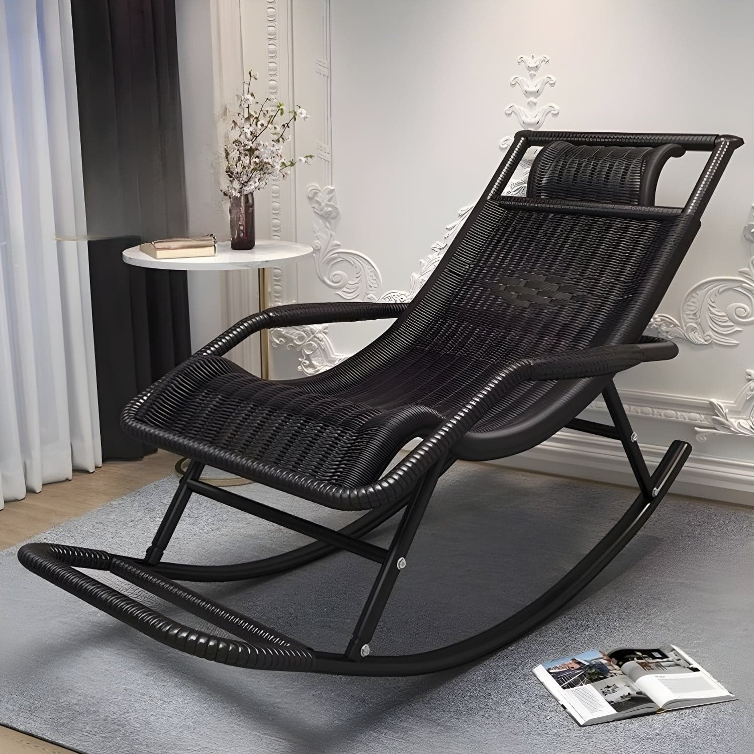 Traditional Black Metal Frame Rocking Chair with Spindle Back and High Weight Capacity thumbnail 6