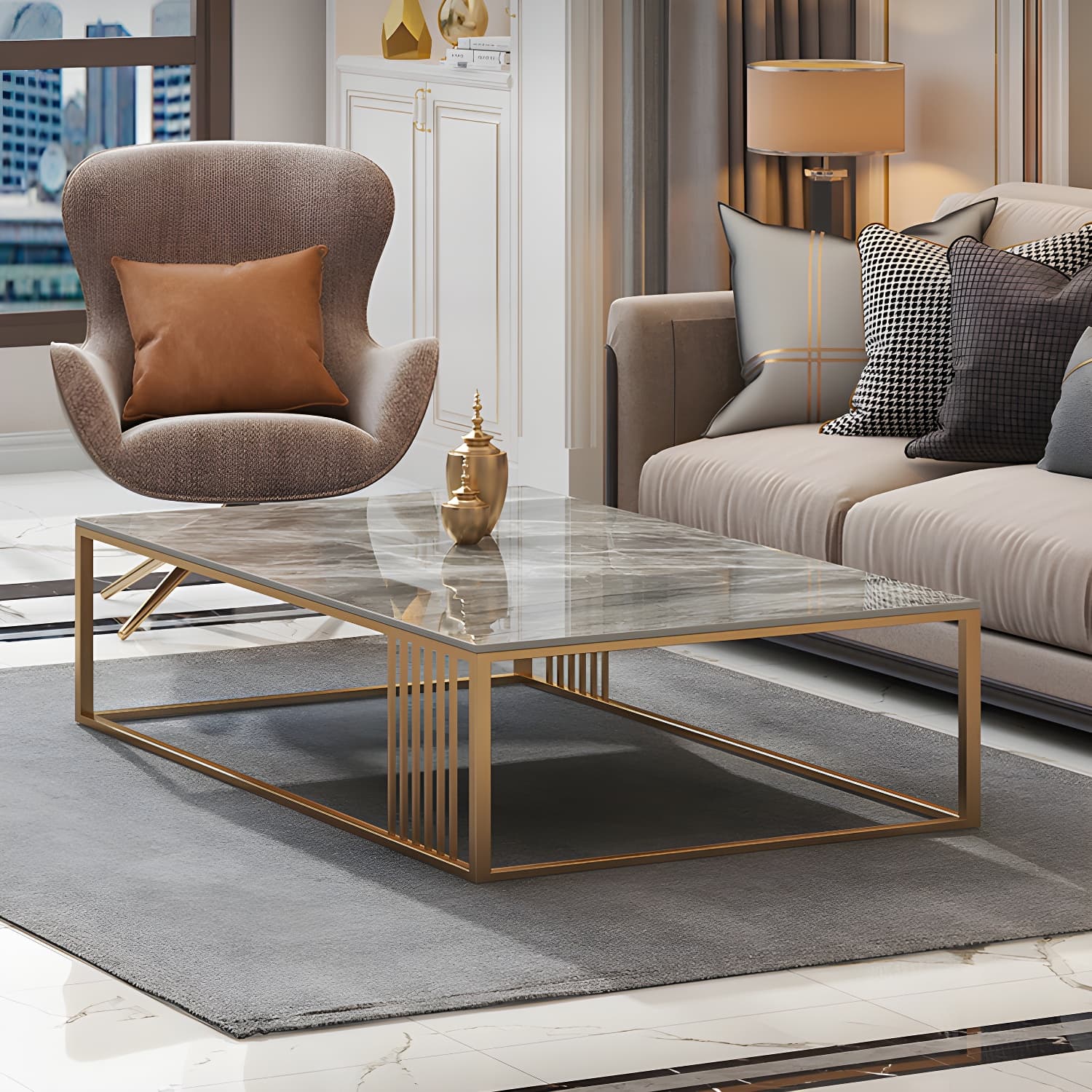 Glam Style Gold Iron Frame Coffee Table Gray Slate Table Top Coffee thumbnail 2