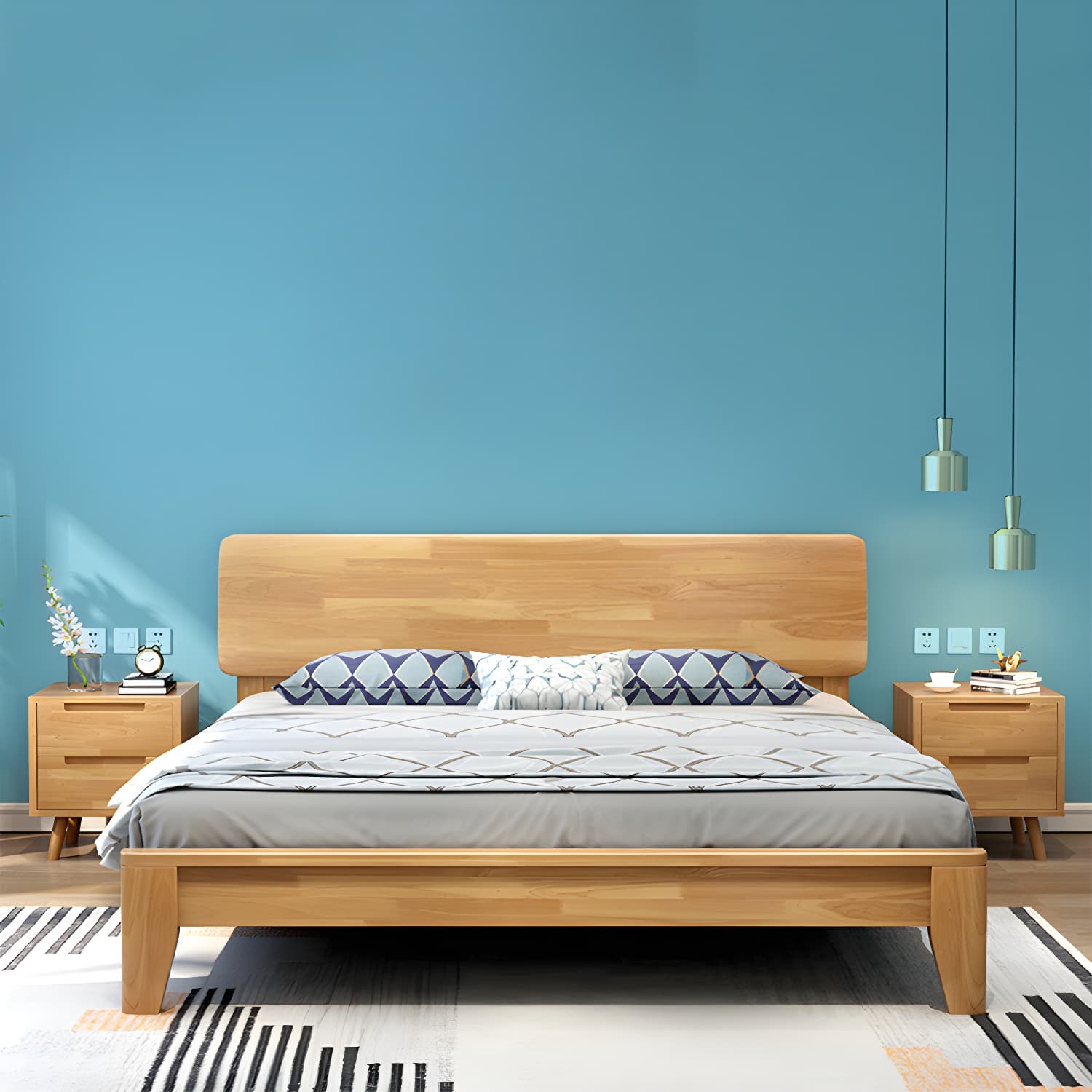 84.65 inch Wide Mid-century Bed Frame Rubberwood Bed with Headboard thumbnail 12