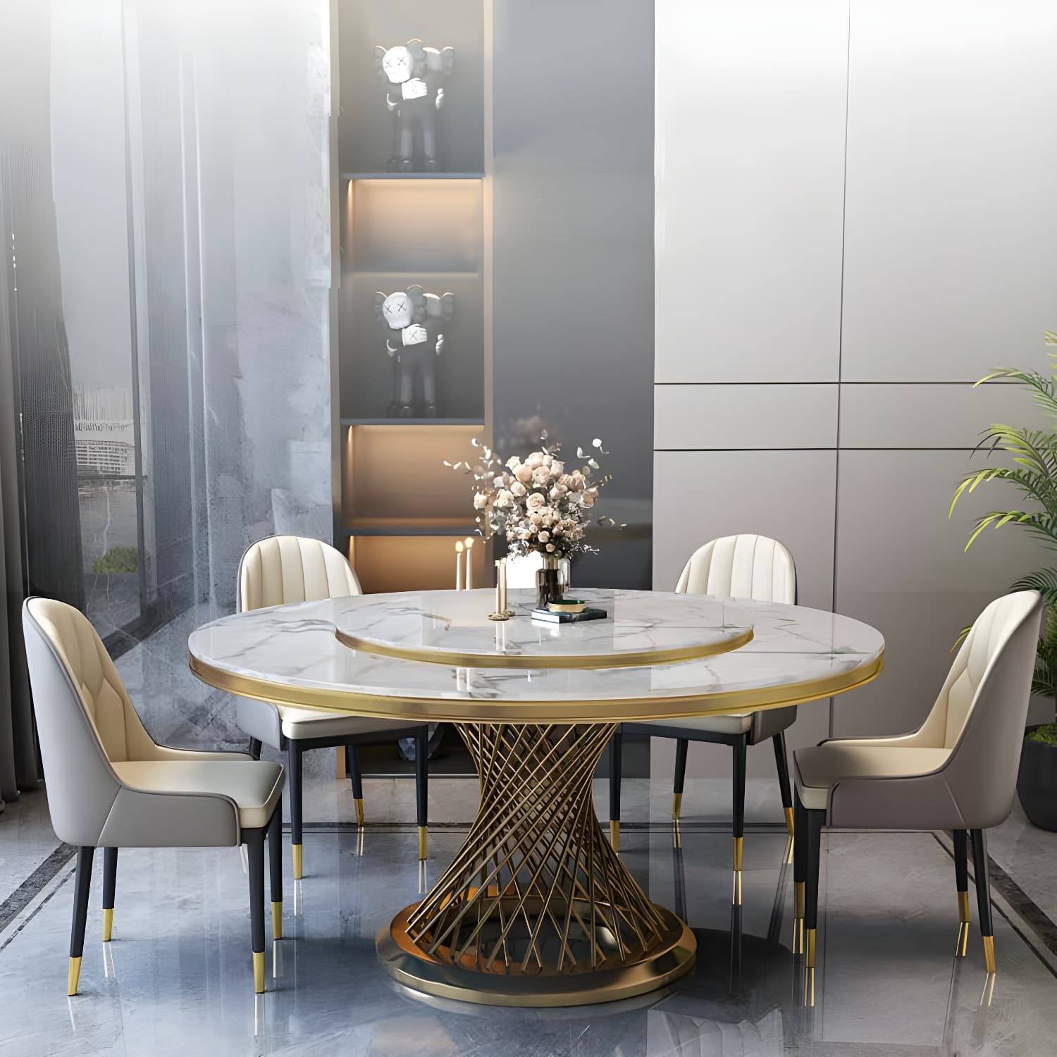1/5/7/9 Pcs Dining Set with Round Marble Table and Padded Chairs thumbnail 2