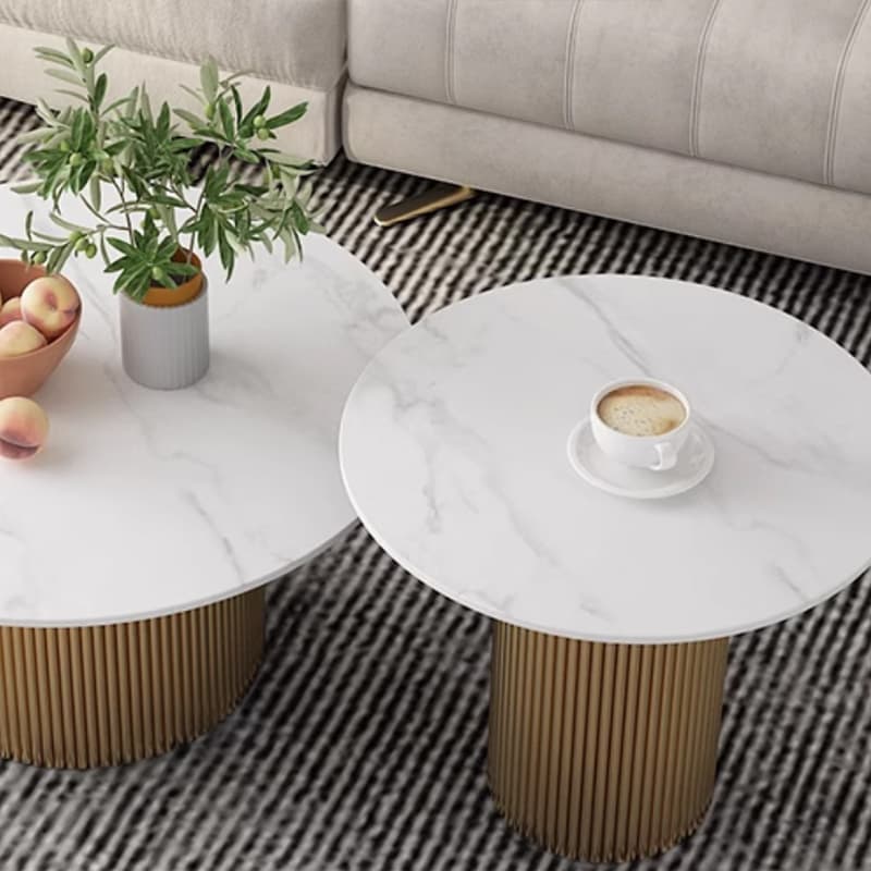 Modern Round Stone Top Coffee Table with Sturdy Metal Pedestal Base in Standard Height thumbnail 10