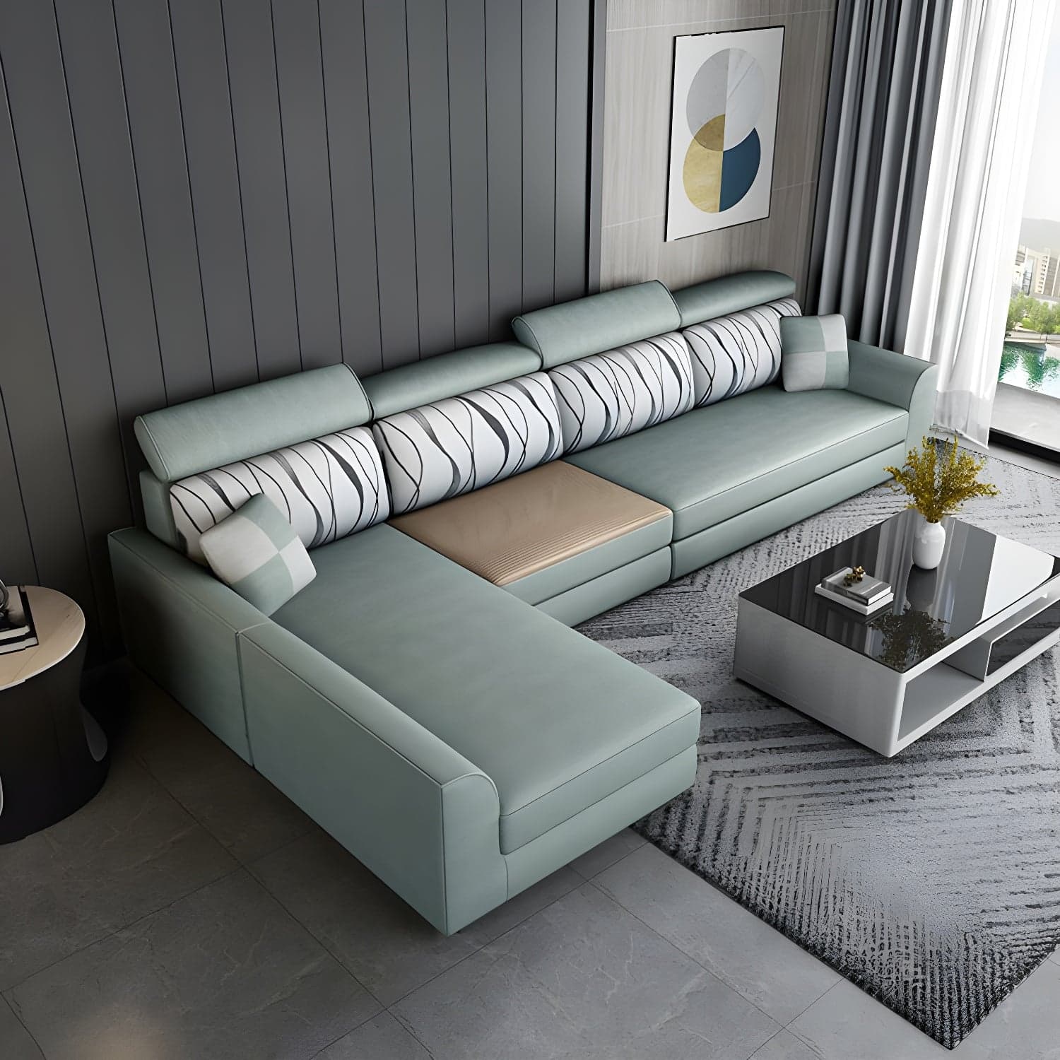 Modern L-Shape Reversible Wood Frame Sectional Sofa Chaise Set thumbnail 11