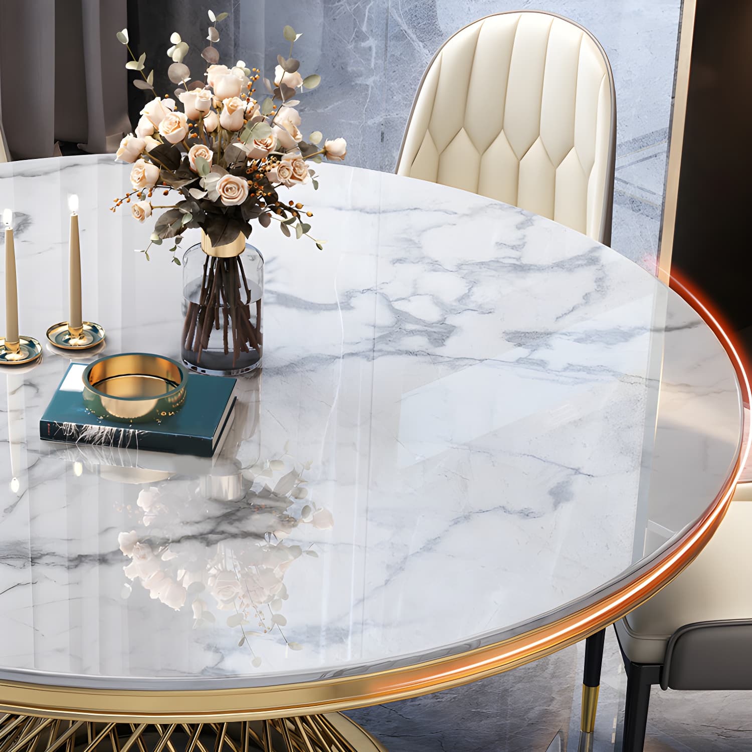 Glam Round Marble Dining Set with Gold Metal Pedestal Base - Fixed Table in White thumbnail 7