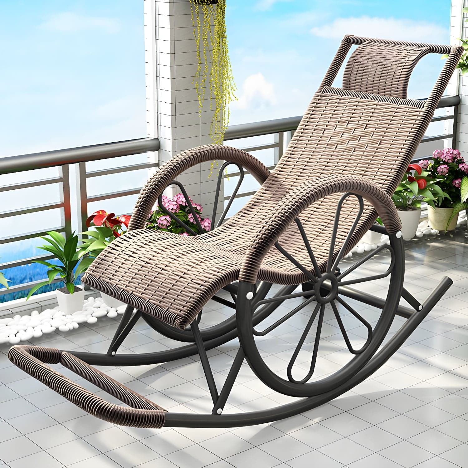 Modern Spindle Rattan Rocking Chair Metal Frame Wheel Handrail Design Rocker Chair thumbnail 10