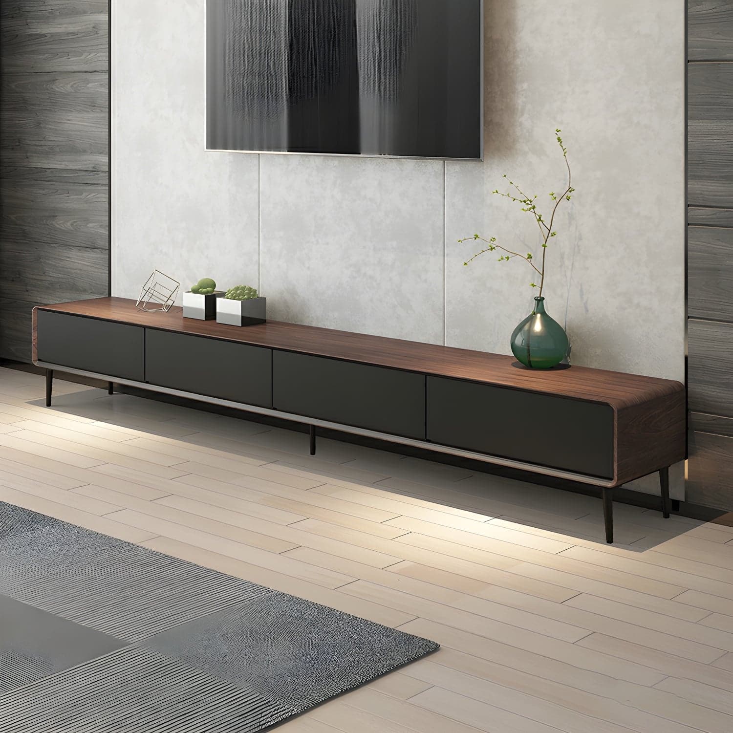 Modern Wooden Long and Low TV Stand with 4 Drawers, No Assembly Required, Dark Tone thumbnail 7