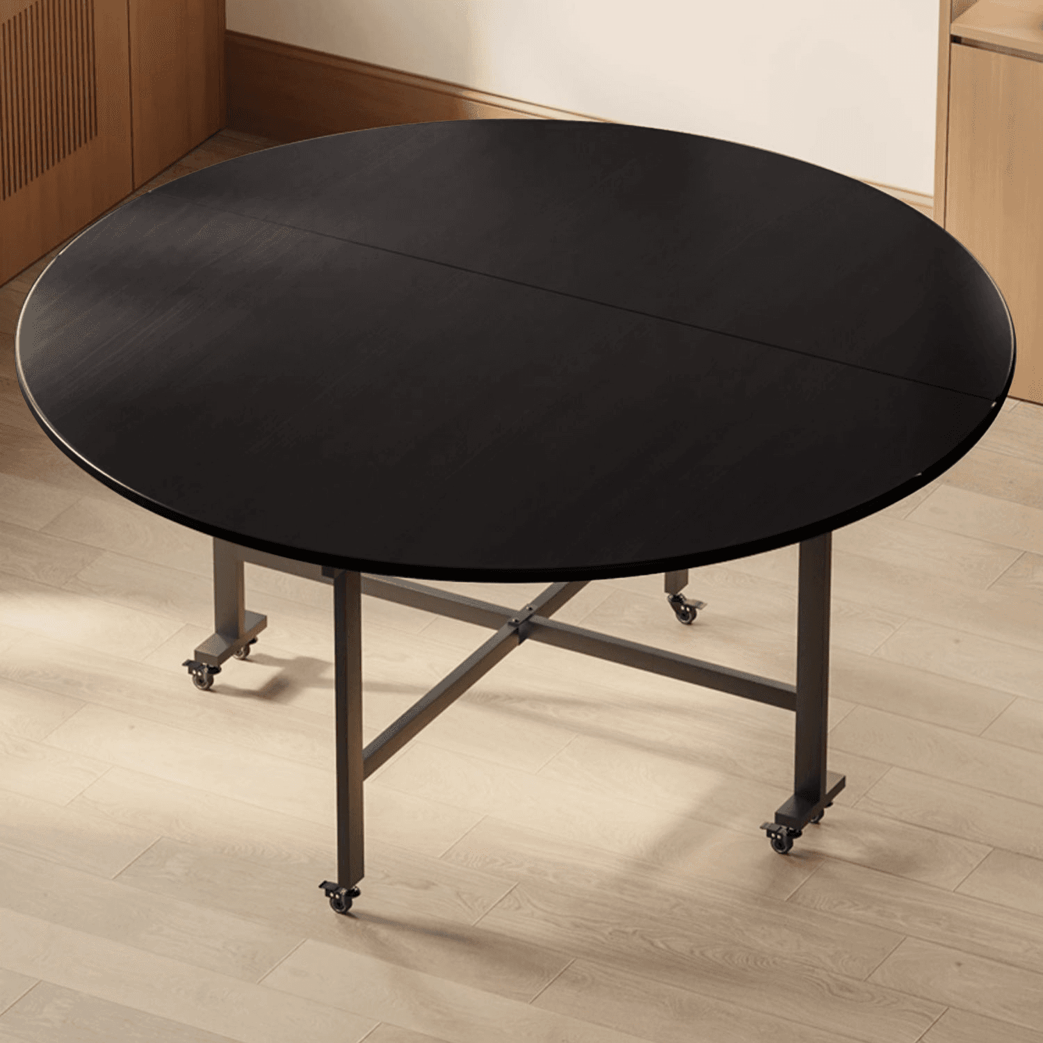 Contemporary Circular-shaped Dining Table with Timber Top in Brown, Extendable Feature thumbnail 3