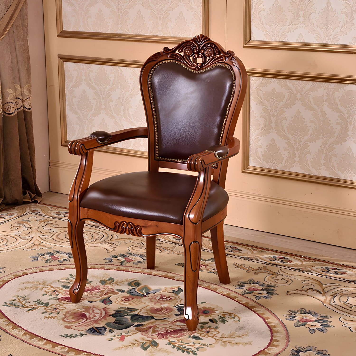 Leather High Back Dining Side Chair Kitchen Side Chair with Solid Wood Legs thumbnail 1