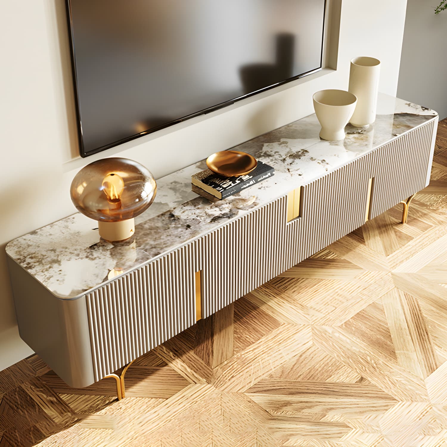 Enclosed Storage TV Stand Console Stone TV Media Console with Legs thumbnail 14