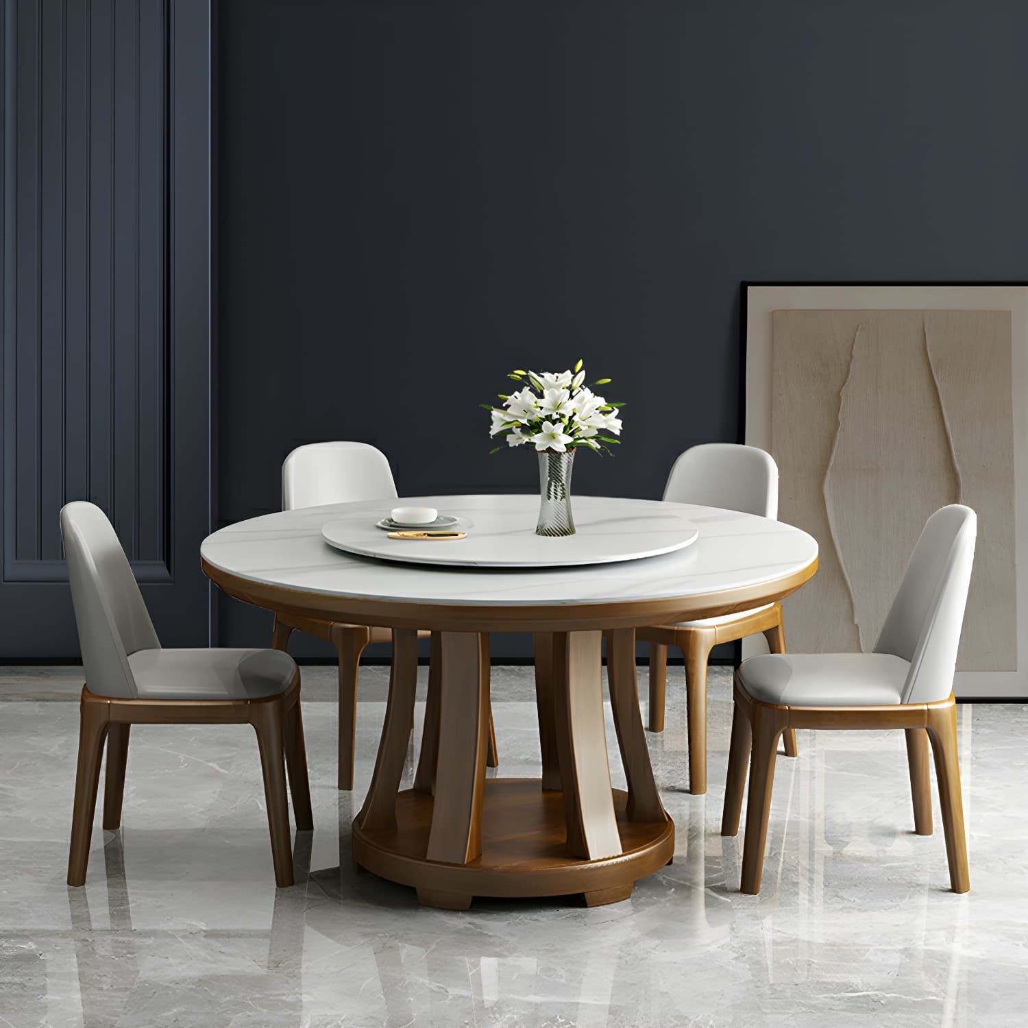 Modern Wood Dining Table Set with White Table top and Solid Wood Brown Base thumbnail 1