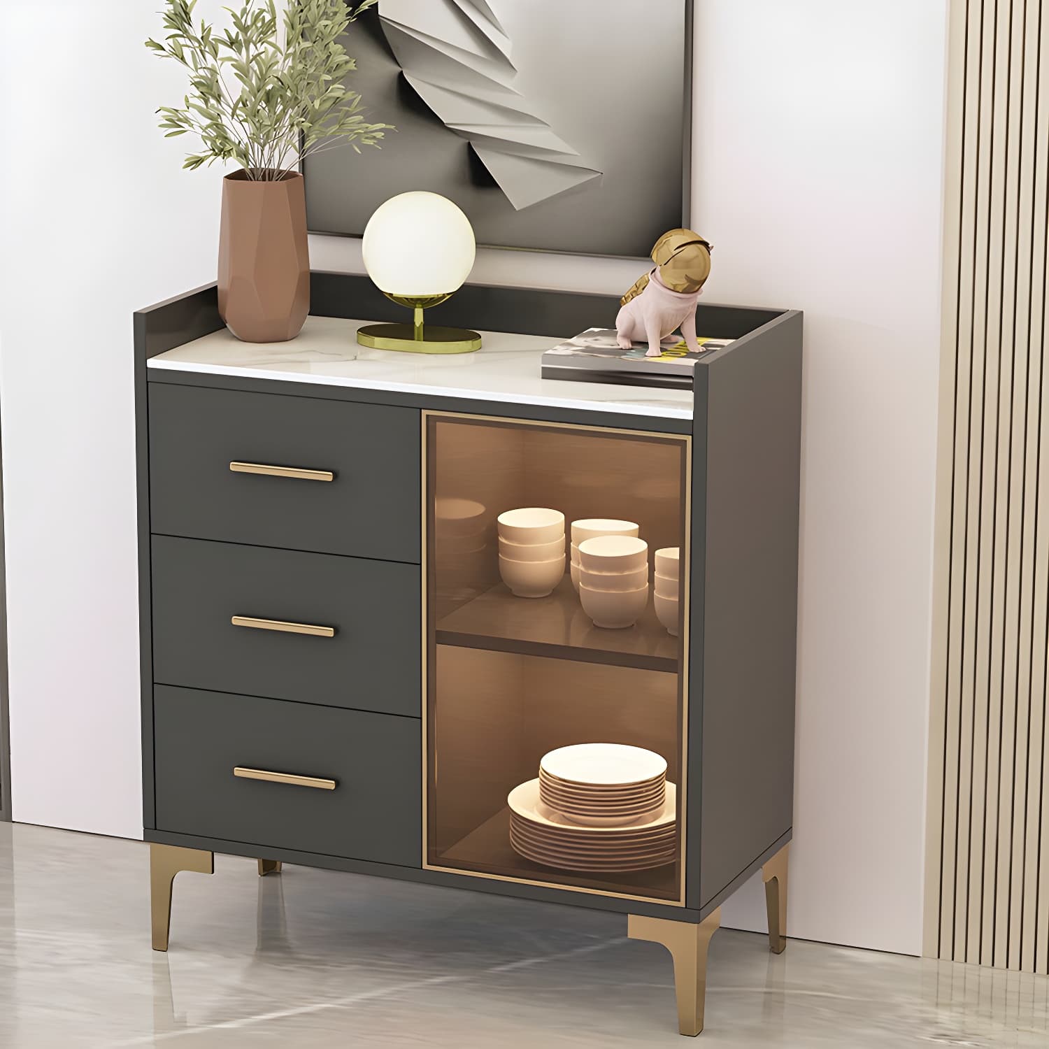 Glam Wood Sideboard with Glass Doors, Lighting Included, and Adjustable Shelves