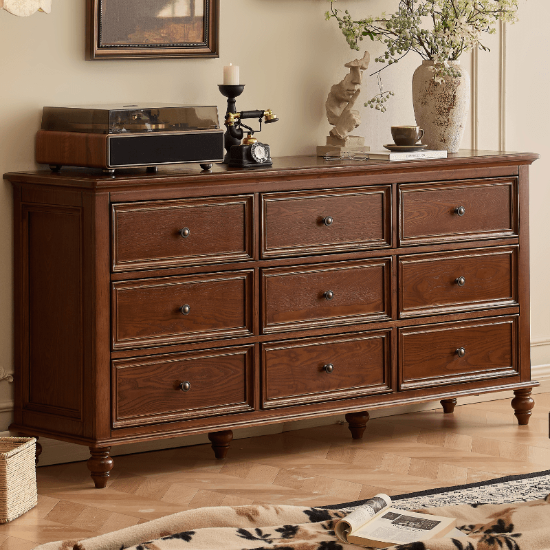 Cocoa Trendy Ash Wood Console Dresser/Semainier with 9/7/6 Drawers, Integrated Cable Management, Horizontal/Vertical