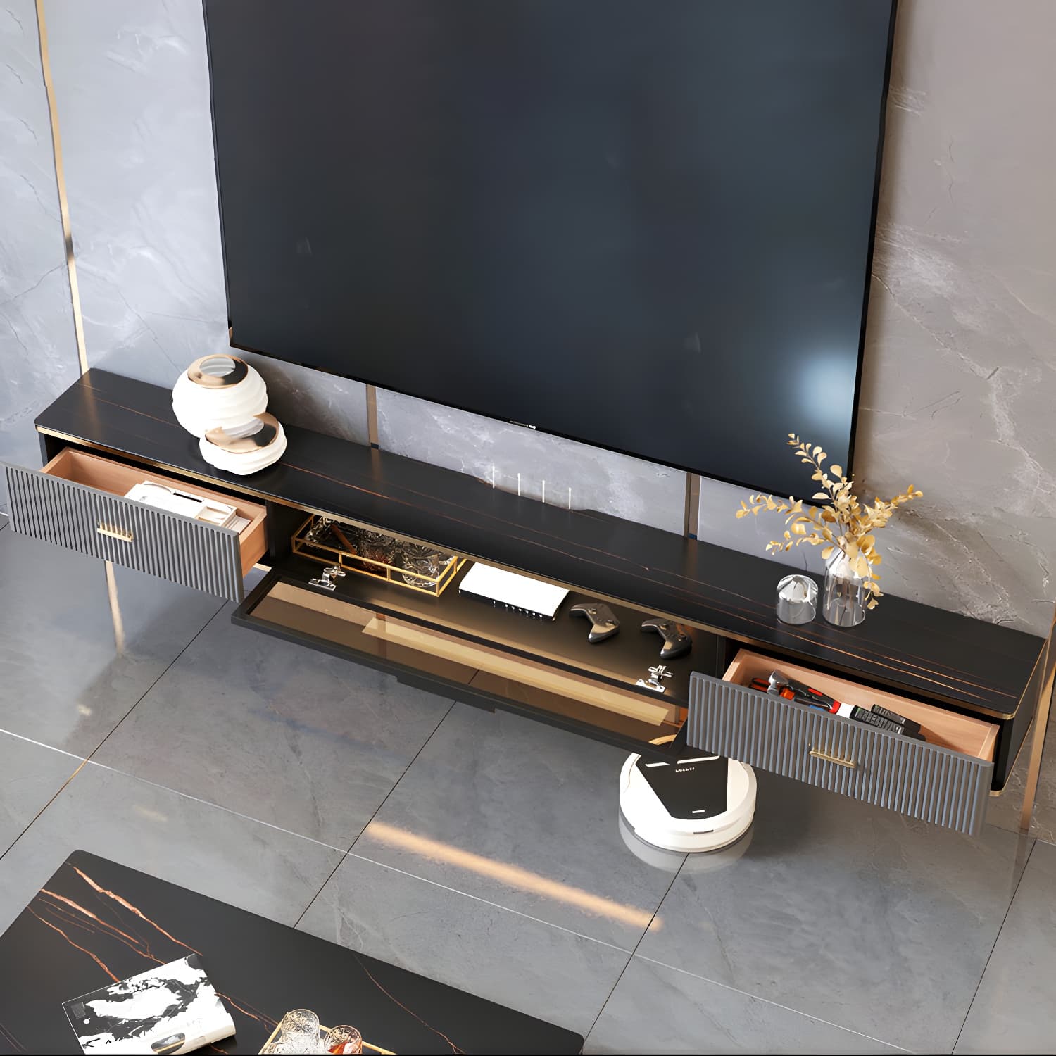 Glam Floating TV Media Stand with Drawers Stone and Wood TV Stand thumbnail 6