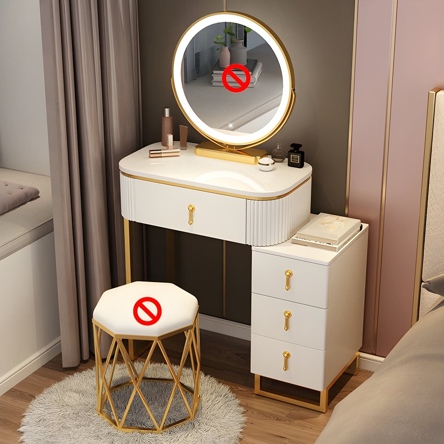 Lighted Mirror Makeup Vanity Desk with 4 Drawers Glam Makeup Vanity Set thumbnail 3
