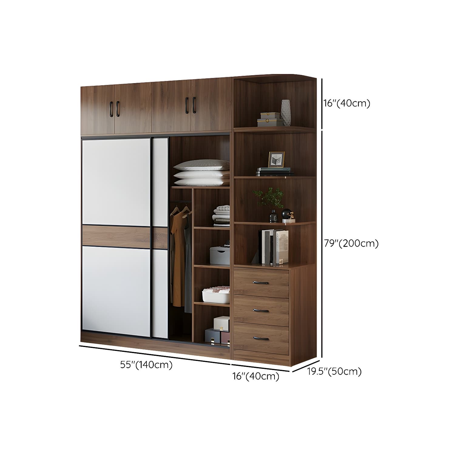 Modern Brown Wood Wardrobe Armoire with Sliding Doors, Shelves, and Clothing Rod thumbnail 31
